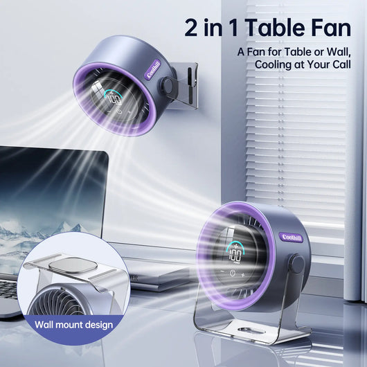 Coolhill Desktop Fan Turbo Table Fan Travel Vacation Essentials for Office 100-Speed Digital Display Low Noise Rechargeable Battery Dual Adjustment Modes Quiet Cooling Quiet Desk Fan Portable