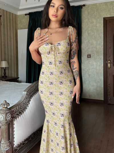 Women'S Ditsy Floral Print Backless Tie Shoulder Mermaid Dress, Elegant Tie Front Maxi Cami Bodycon Dress for Holiday Party, Summer Clothes Women, Summer Dresses for Women