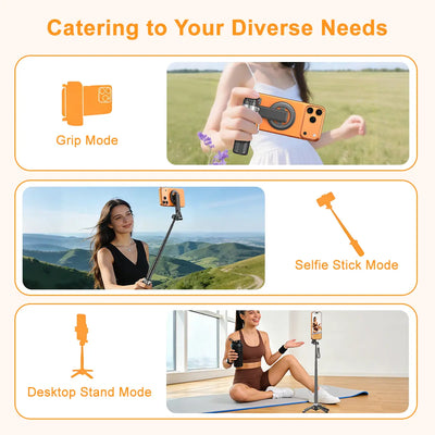 2026 Upgrated 4-In-1 Magnetic Selfie Stick with Remote for Cell Phone 360° Rotation.Can Transforms into Mini Tripod/Camera Grip/Handheld Stabilizer/Phone Stand.Extend to 25 Inches