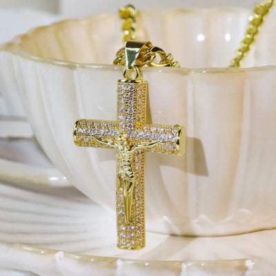 Gold-Plated Cross Necklace for Men Advanced Nanotech Tarnish-Free Cuban Figaro Rope Miami Chains with Jesus Crucifix Pendant