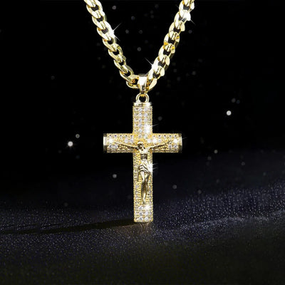 Gold-Plated Cross Necklace for Men Advanced Nanotech Tarnish-Free Cuban Figaro Rope Miami Chains with Jesus Crucifix Pendant