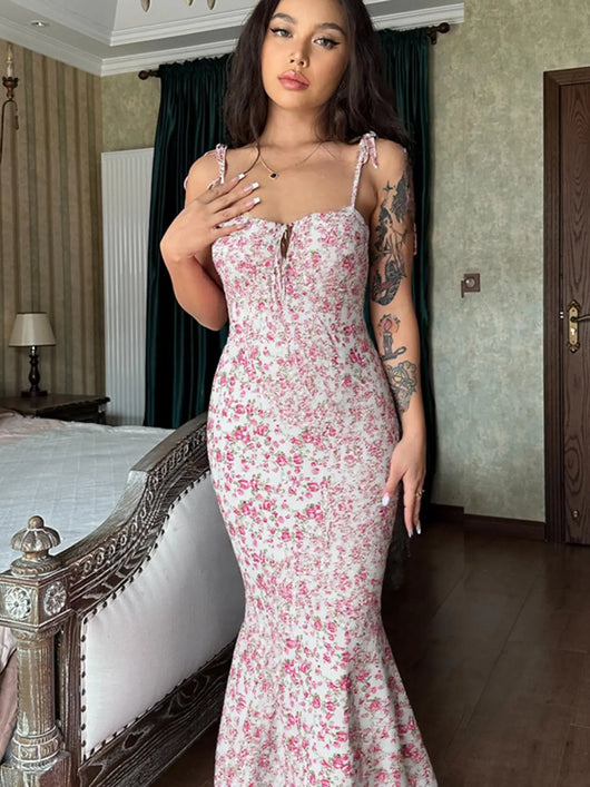 Women'S Ditsy Floral Print Backless Tie Shoulder Mermaid Dress, Elegant Tie Front Maxi Cami Bodycon Dress for Holiday Party, Summer Clothes Women, Summer Dresses for Women